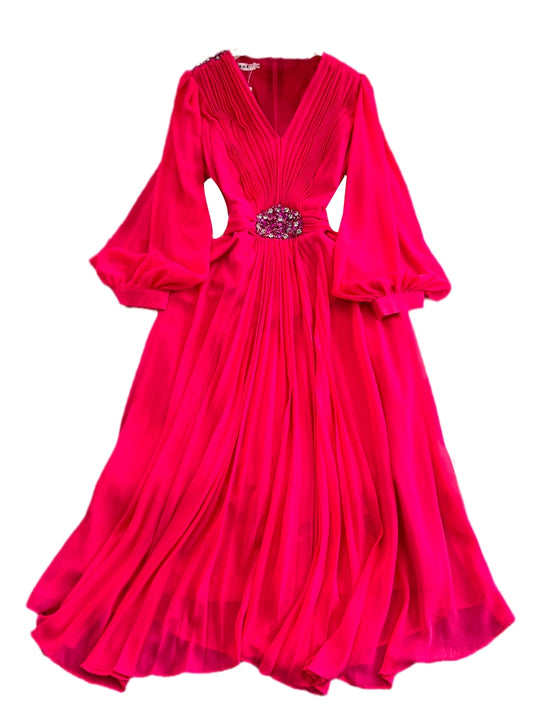 Seaside Holiday Waist Slimming A- Line Chiffon Pleated Dress Elegant Large Swing Dress