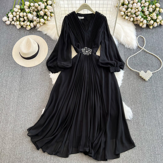 Seaside Holiday Waist Slimming A- Line Chiffon Pleated Dress Elegant Large Swing Dress